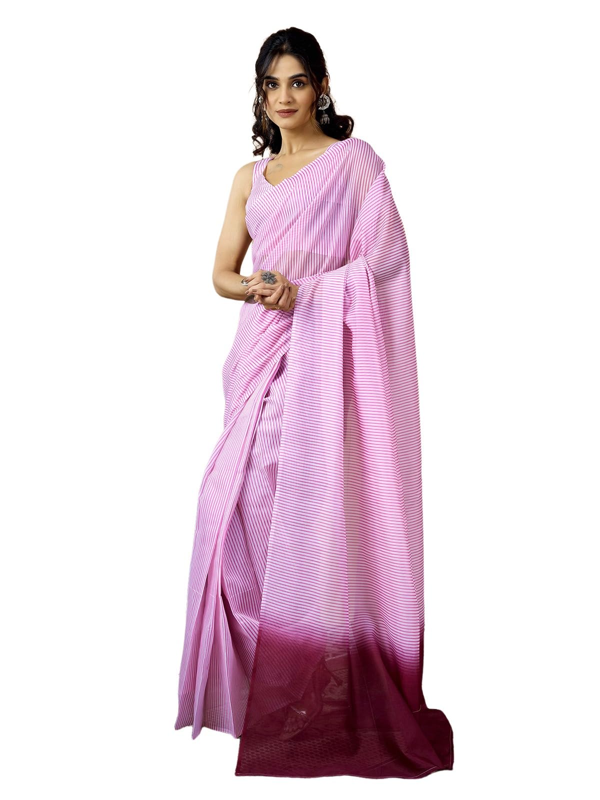 Satrani Women's Chanderi Cotton Printed Ready To Wear With Pocket Saree With Unstitched Blouse Piece (46Rs422_Pink1)