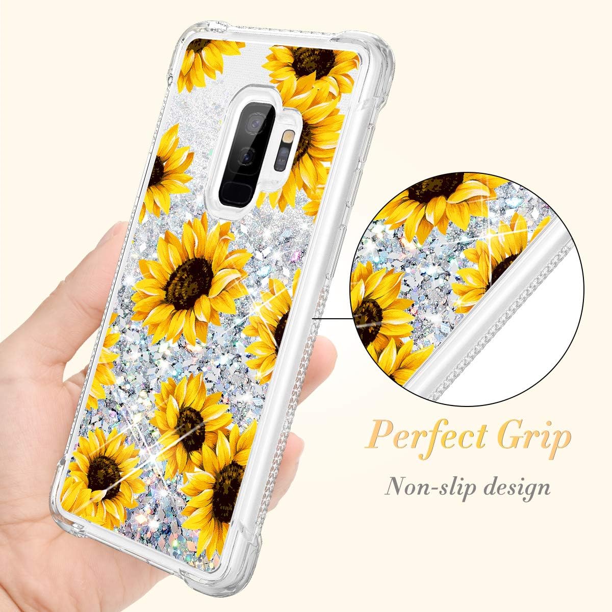 Caka Glitter Case for Galaxy S9 Plus Case Glitter Flower Sunflower Bling Luxury Fashion Flowing Liquid Floating Quicksand Sparkle Glitter Soft TPU Case for Samsung Galaxy S9 Plus (Sunflower)