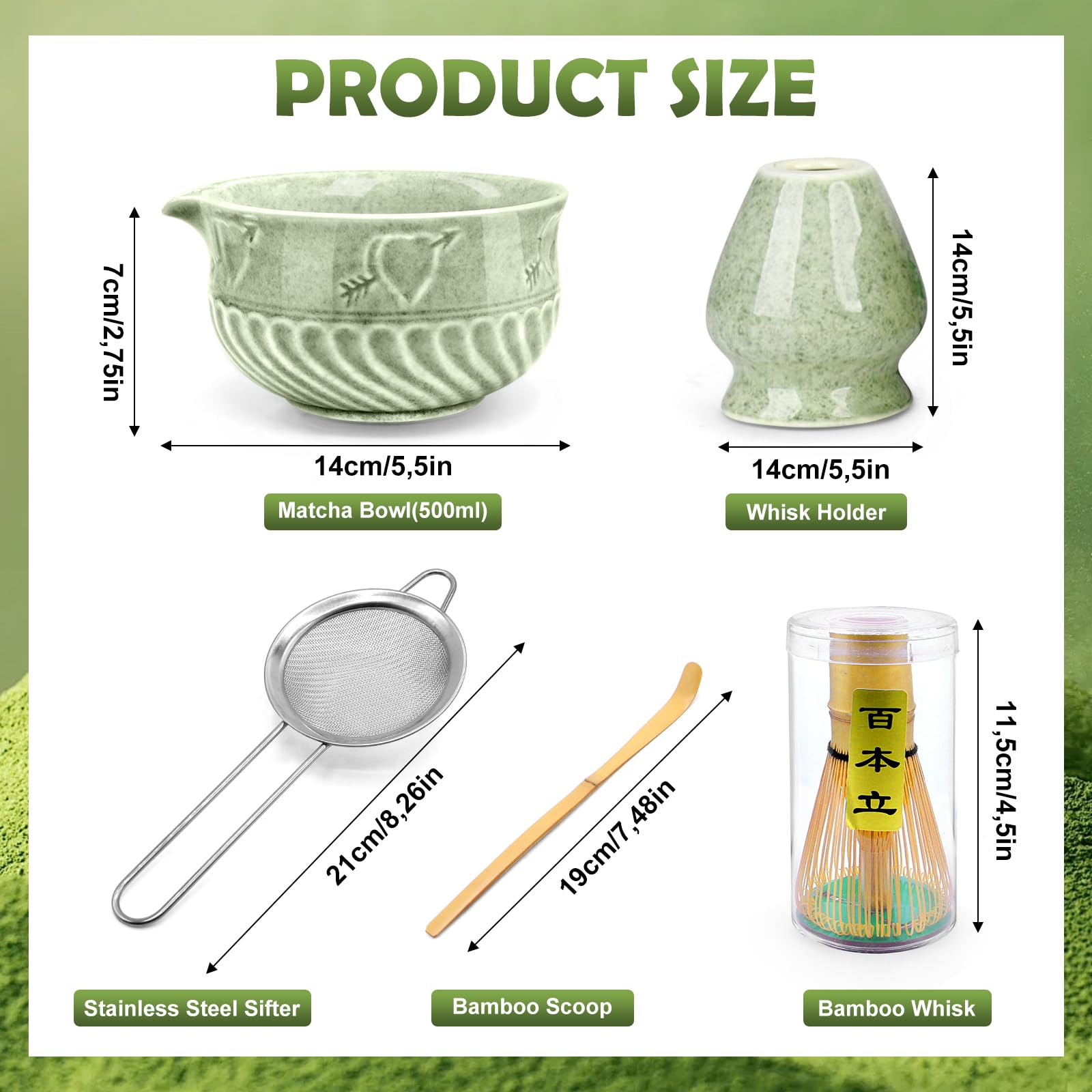 5 piezas Matcha set, Juego de té Japonés Premium, Matcha Kit con Batidor Te Matcha Cuchara Te Matcha Soporte de Batidor de Cerámica, para Amantes del té(Color matcha)
