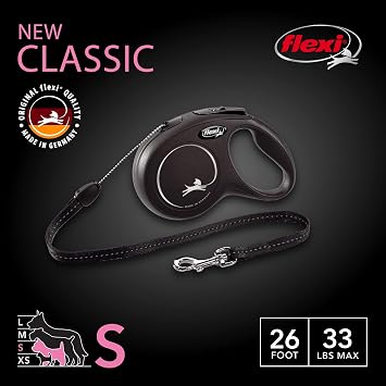 FLEXI Classic Cord Retractable Dog Leash for Small Dogs up to 33 lbs. 26 ft., Black | Tangle-Free Cord Design with One-Handed Brake, Pause, Lock|German Quality Product