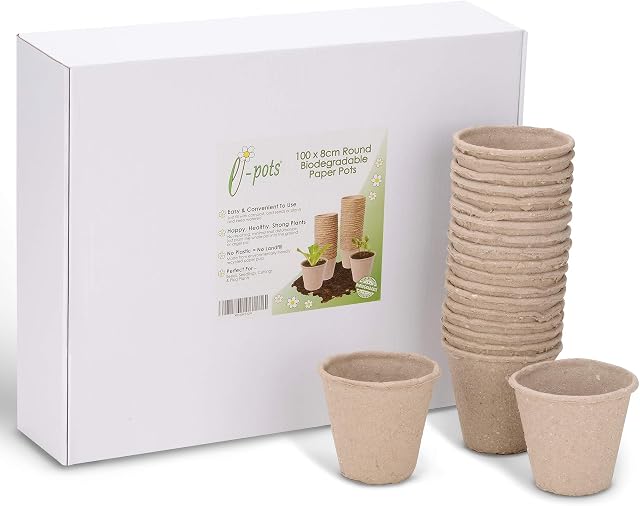 Biodegradable Seed Pots x 100 | 8cm Nursery Pots for Seeds, Cuttings, Plug Plants | Compostable Beige Plant Pots from Recycled Paper Pulp | Indoor Outdoor Use | Plastic Free Box Pack