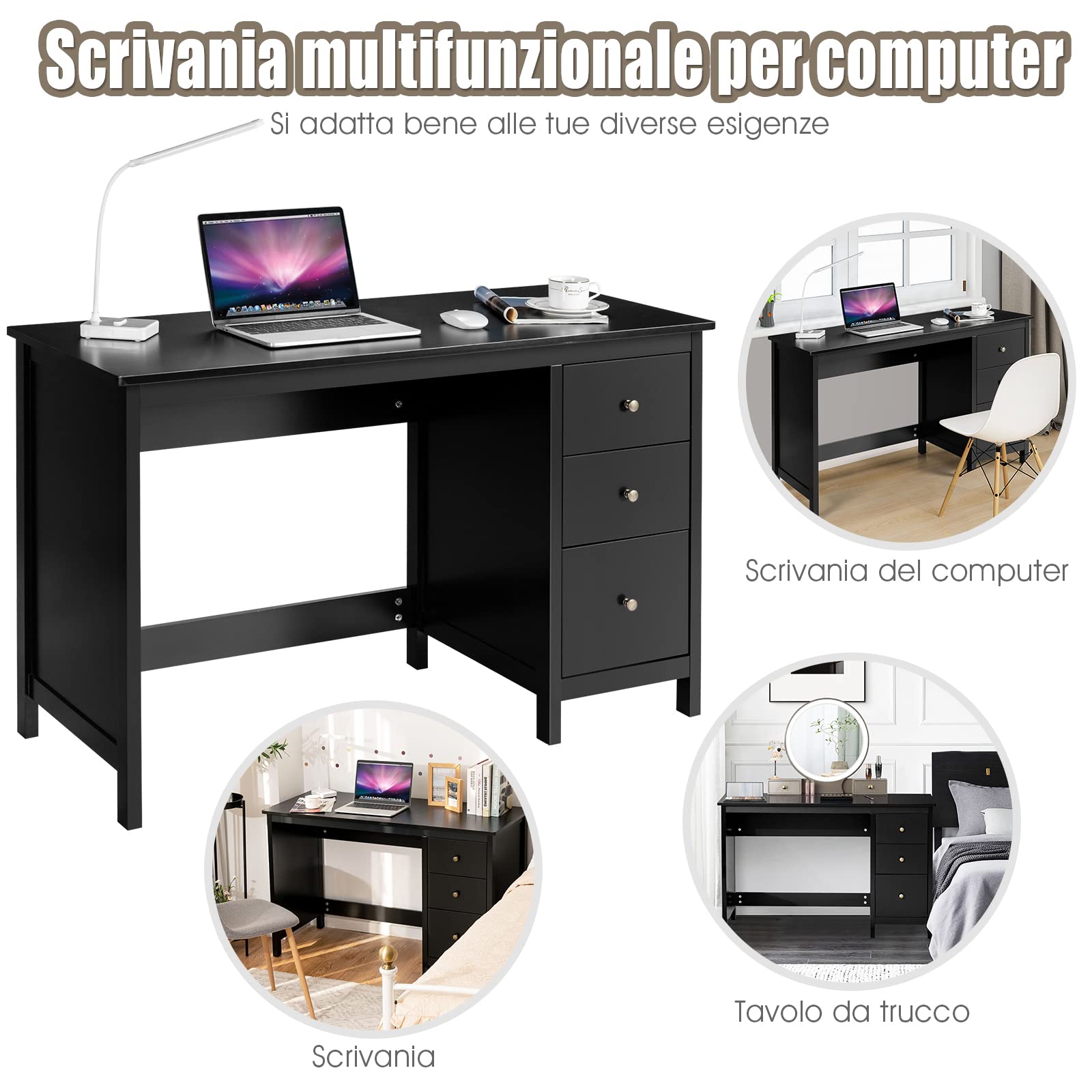 COSTWAY Scrivania per Computer con 3 Cassetti, Scrivania Salvaspazio con Dispositivo Antiribaltamento, Postazione di Lavoro Multifunzionale per Casa e Ufficio, 120 x 50 x 75 cm (Nero)