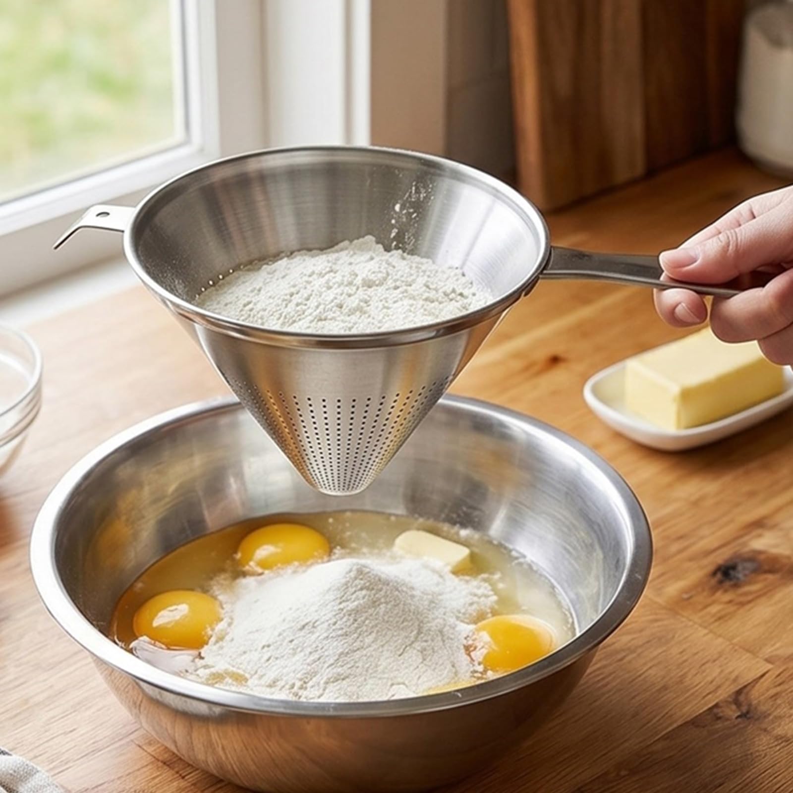 Colino conico in acciaio inox con maglie sottili per un filtraggio efficiente in cucina e cottura, filtro per uso alimentare