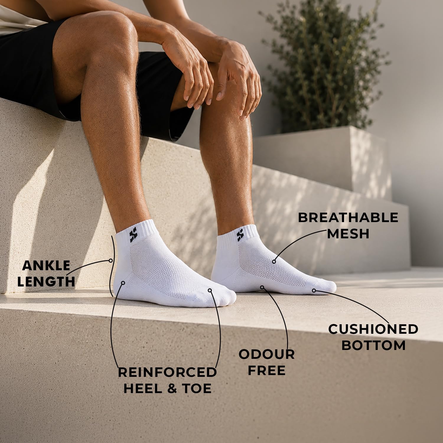 Supersox Ankle Length Sports Socks for Man | Half Terry Cushioned Cotton | Anti-Odour & Antibacterial | Breathable & Moisture Absorbent | Running, Gym & Sneaker | White Colour | Pack of 3 2