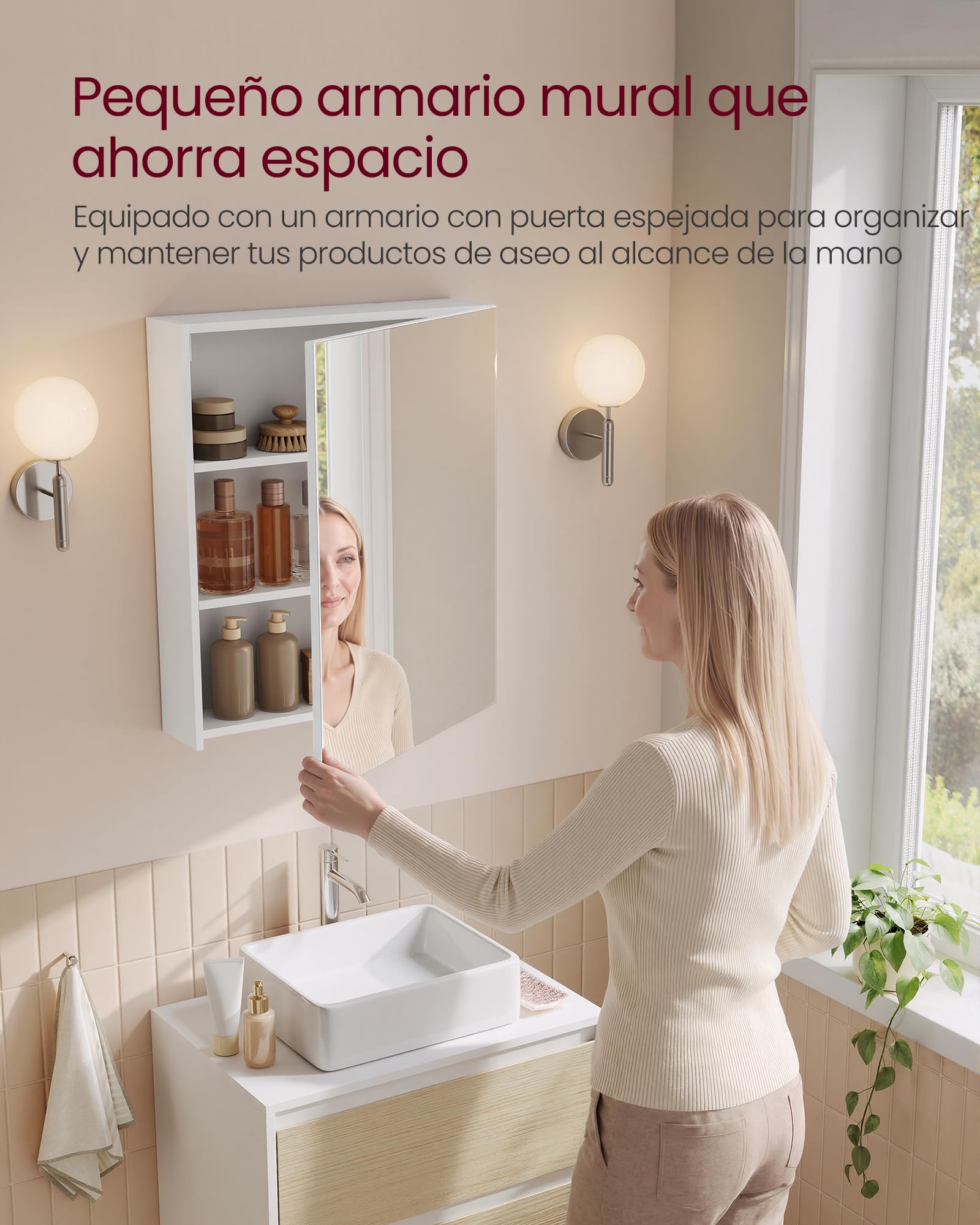 VASAGLE Kailyn Colección - Armario de Pared para Baño, 1 Puerta con Espejo, Estilo Moderno, 13 x 50 x 60 cm, Blanco BBK012WB01