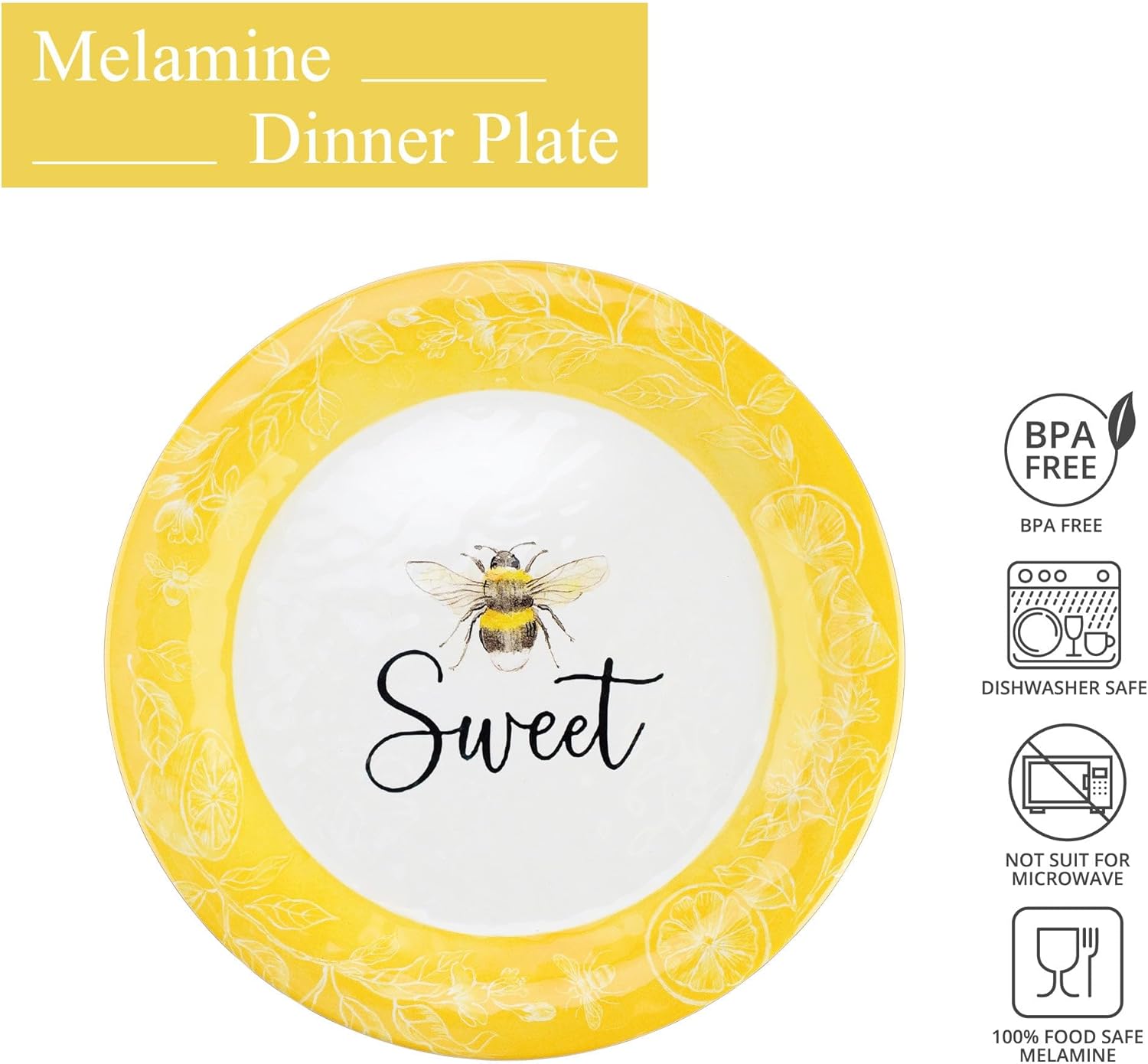 UP UPware Sweet Bee Melamine Dinner Plate Set, Round Plates for Main course, Pasta, and Salad, BPA-Free, Dishwasher Safe, Yellow, 11 Inch, Set of 6