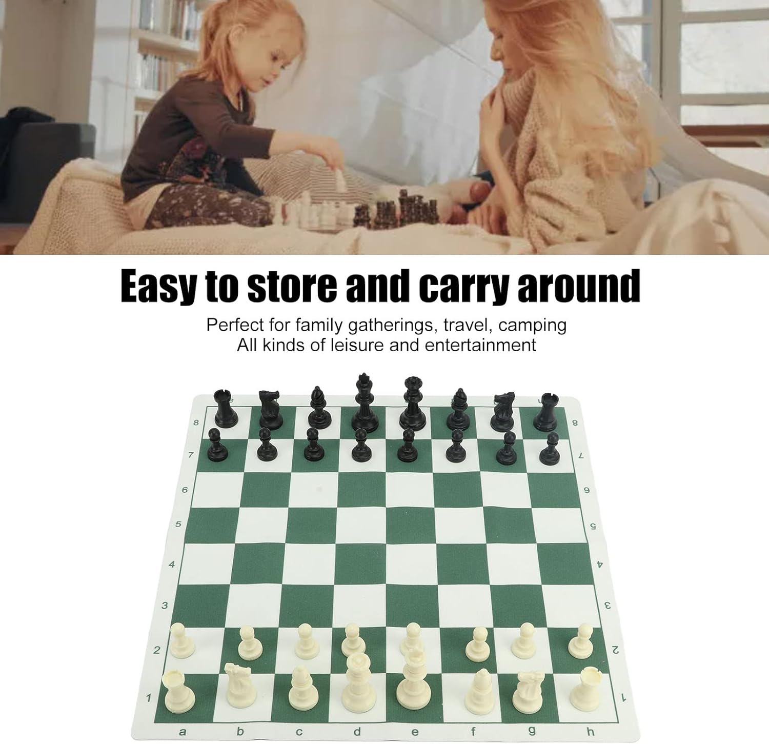 Alomejor Chess Set with PU Leather Board, 32 Non-Slip Pieces, Storage Bag, Black and White