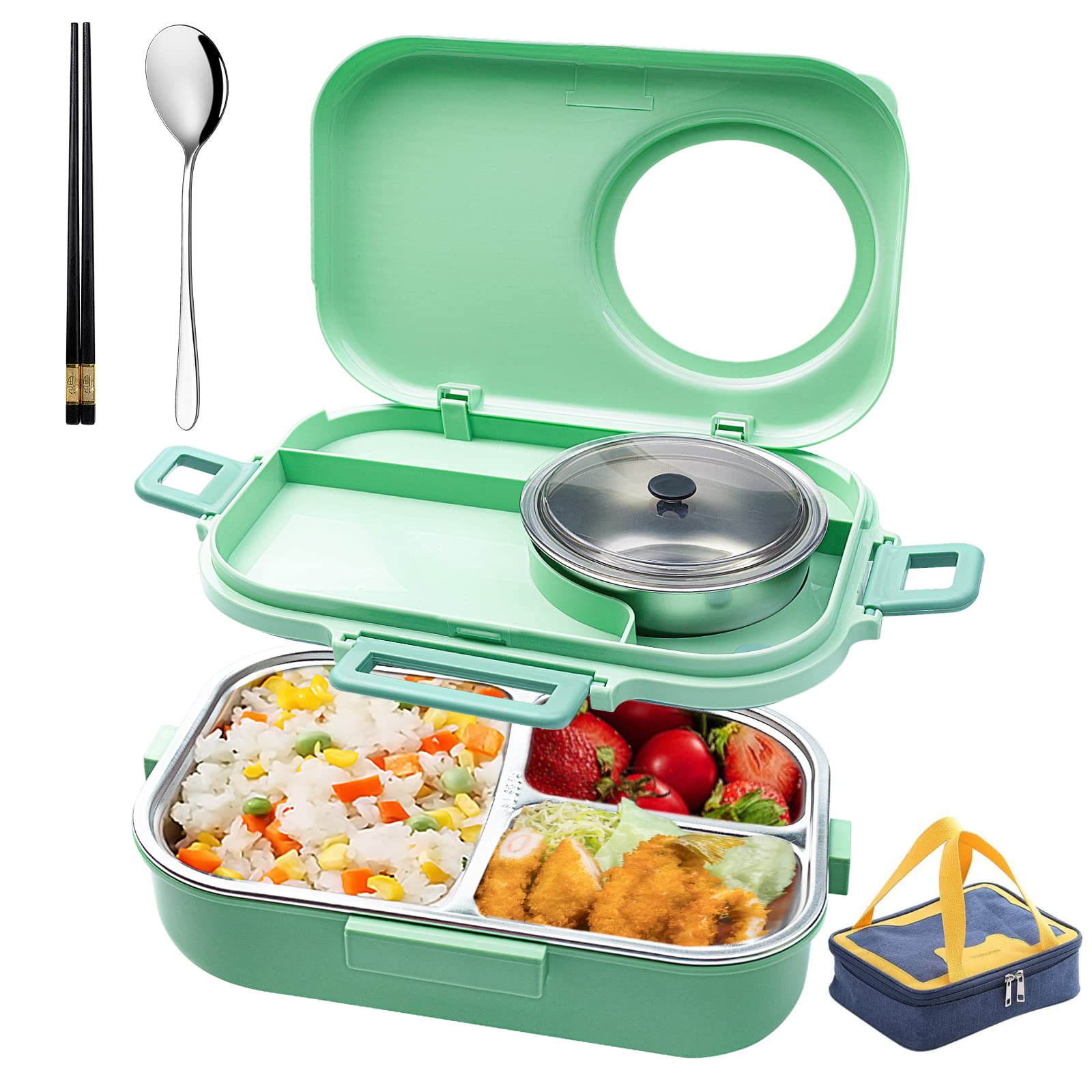 Contenitore per il pranzo Bento a 3 scomparti con ciotola per zuppa, borsa termica per il pranzo e utensili portatili, contenitori per il pranzo in acciaio inox, contenitore per il pranzo