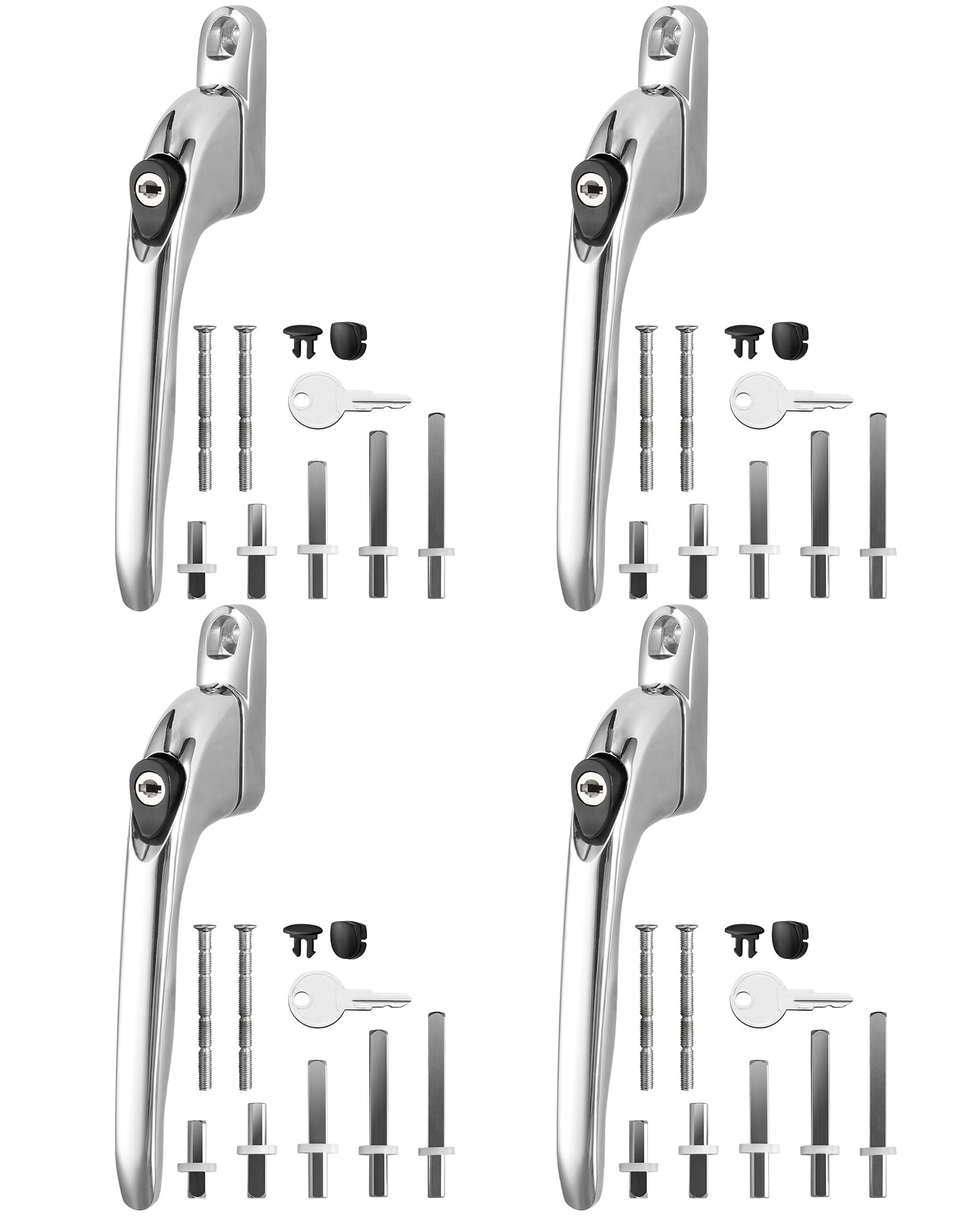 eSynic Fenstergriffe für UPVC mit 5 verschiedenen Spindeln und schneidbaren Schrauben, universeller Chrom-PVC-Fenstergriff mit Schlüssel, abschließbar, Aluminium, 360° drehbar, ergonomischer