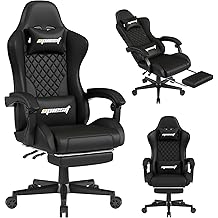 Gaming Chair,Ergonomic Computer Chairs for Adults with Footrest, PU Leather Office Chair with Adjustable Lumbar Support &amp; Pocket Spring Cushion - Heavy Duty 400lb Capacity Gamer Chair(Black)