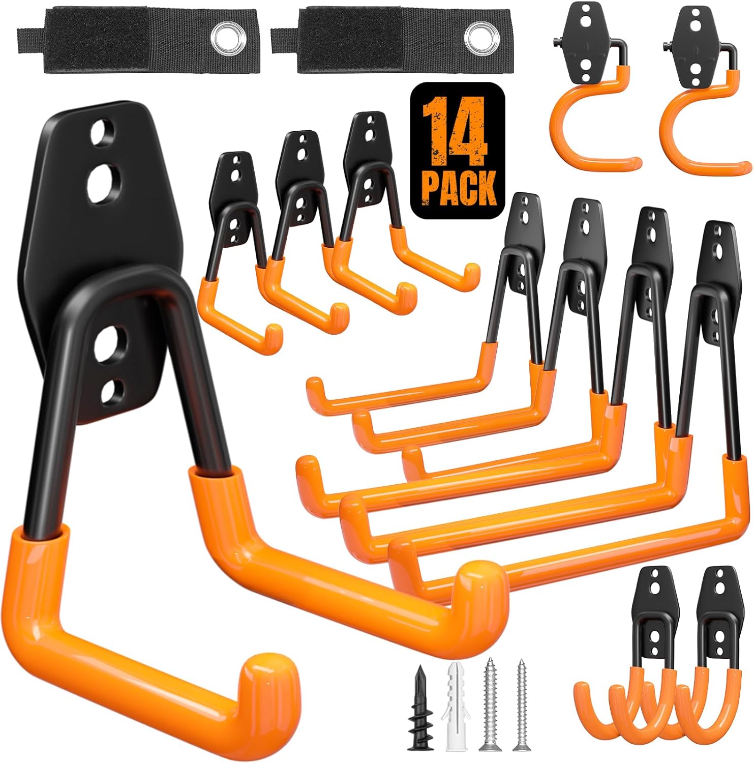Garage Hooks Heavy Duty 14 Pack Utility Wall Mount Storage Hangers with Mop Broom Holders Extension Cord Holder Organizer for Power Tool Garden Tool Ladder Hose