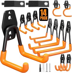 Wallavant Garage Hooks Heavy Duty, 14 Pack Wall Mount Storage Hangers with Mop Broom Holders and Extension Cord Holder Organizer, for Power Tool, Garden Tool, Utility, Ladder, Hose