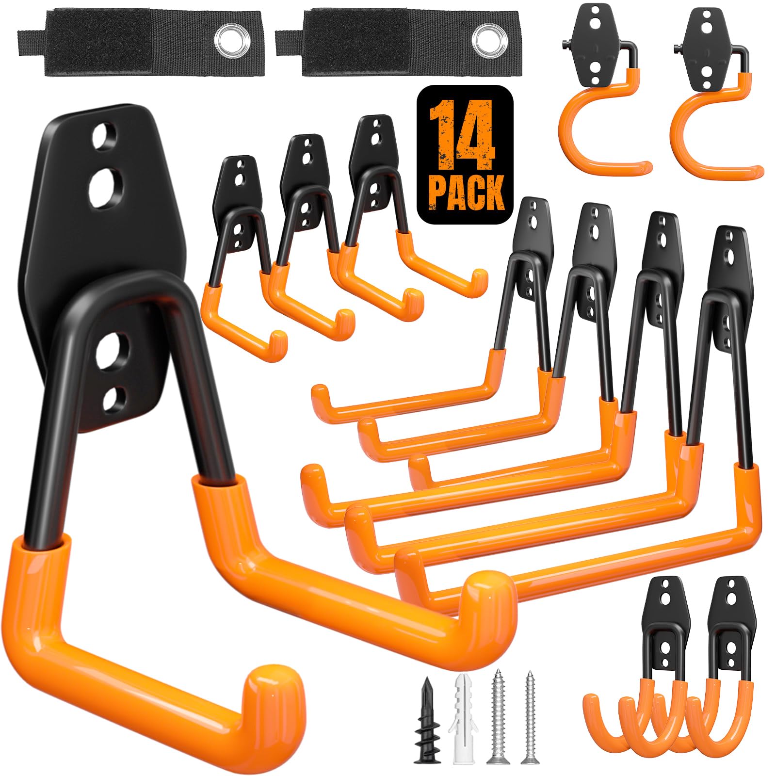 Wallavant Garage Hooks Heavy Duty 14 Pack Utility Wall Mount Storage Hangers with Mop Broom Holders Extension Cord Holder Organizer for Power Tool Garden Tool Ladder Hose