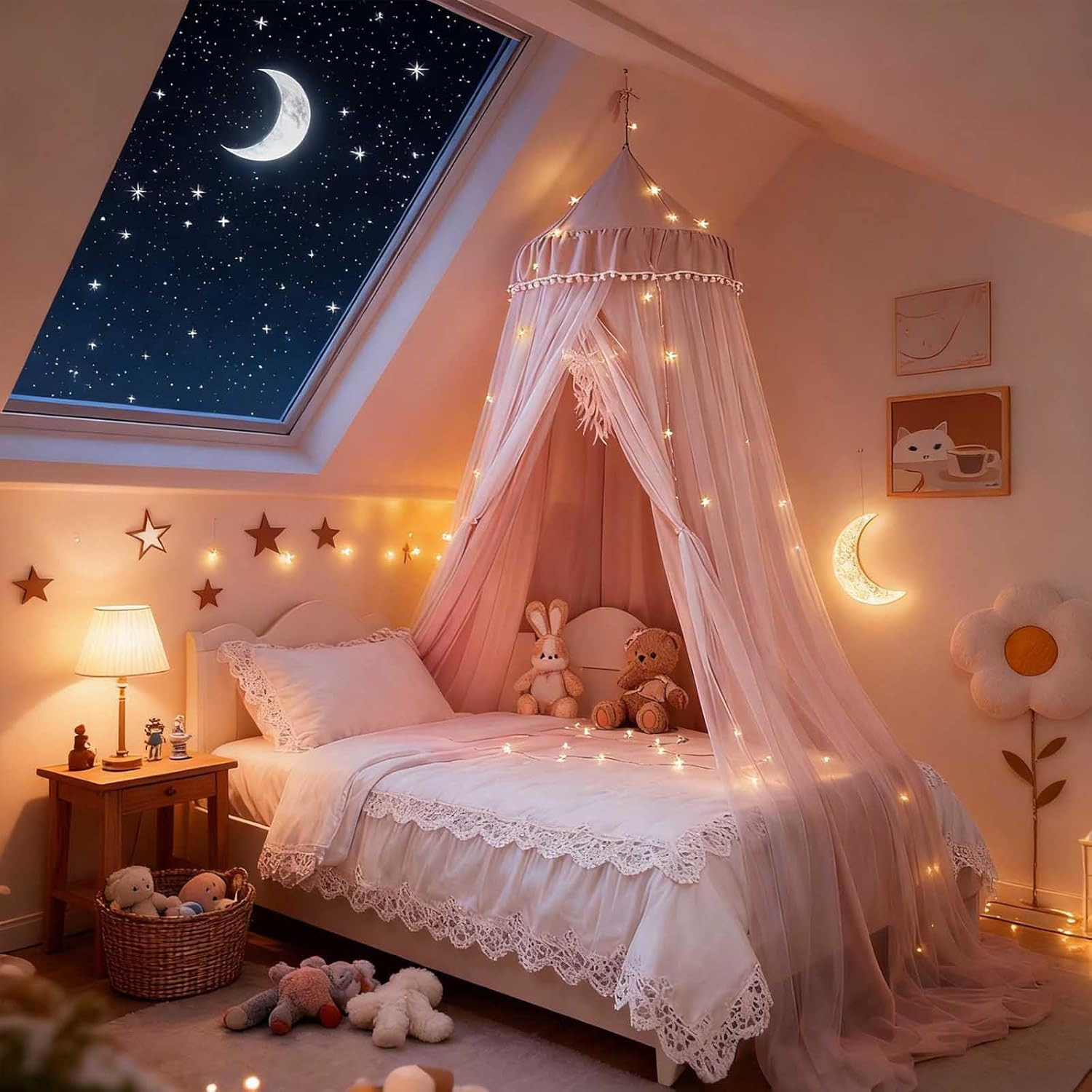 Princess Bed Canopy with LED Star Lights - Double Layer Dreamy Tent for Girls Room Decor, Pink Mosquito Net for Queen Size Bed, Kids Reading Nook & Play Tent, Machine Washable