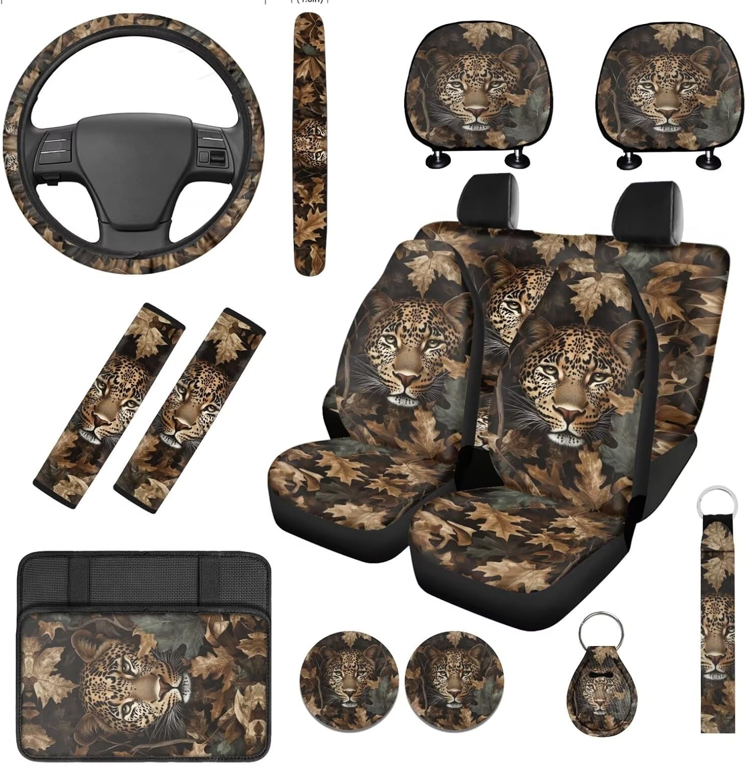 14 Pcs Leopard Car Seat Covers Full Set with Auto Steering Wheel Cover Seat Belt Covers Center Console Cup Holder Pads with Keychain Universal Fit Cheetah Car Interior Accessories
