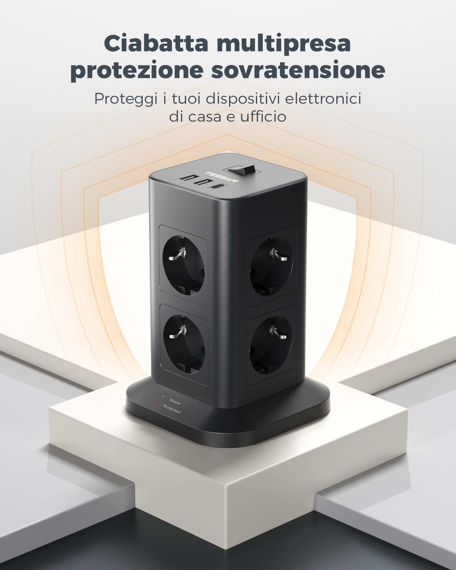 TESSAN 8 Prese Ciabatta Multipresa con USB, Multipresa Elettrica con Prolunga Elettrica 10 Metri, Presa Verticale Protezione Sovratensione, 3600W Ciabatta con Interruttore, Nera