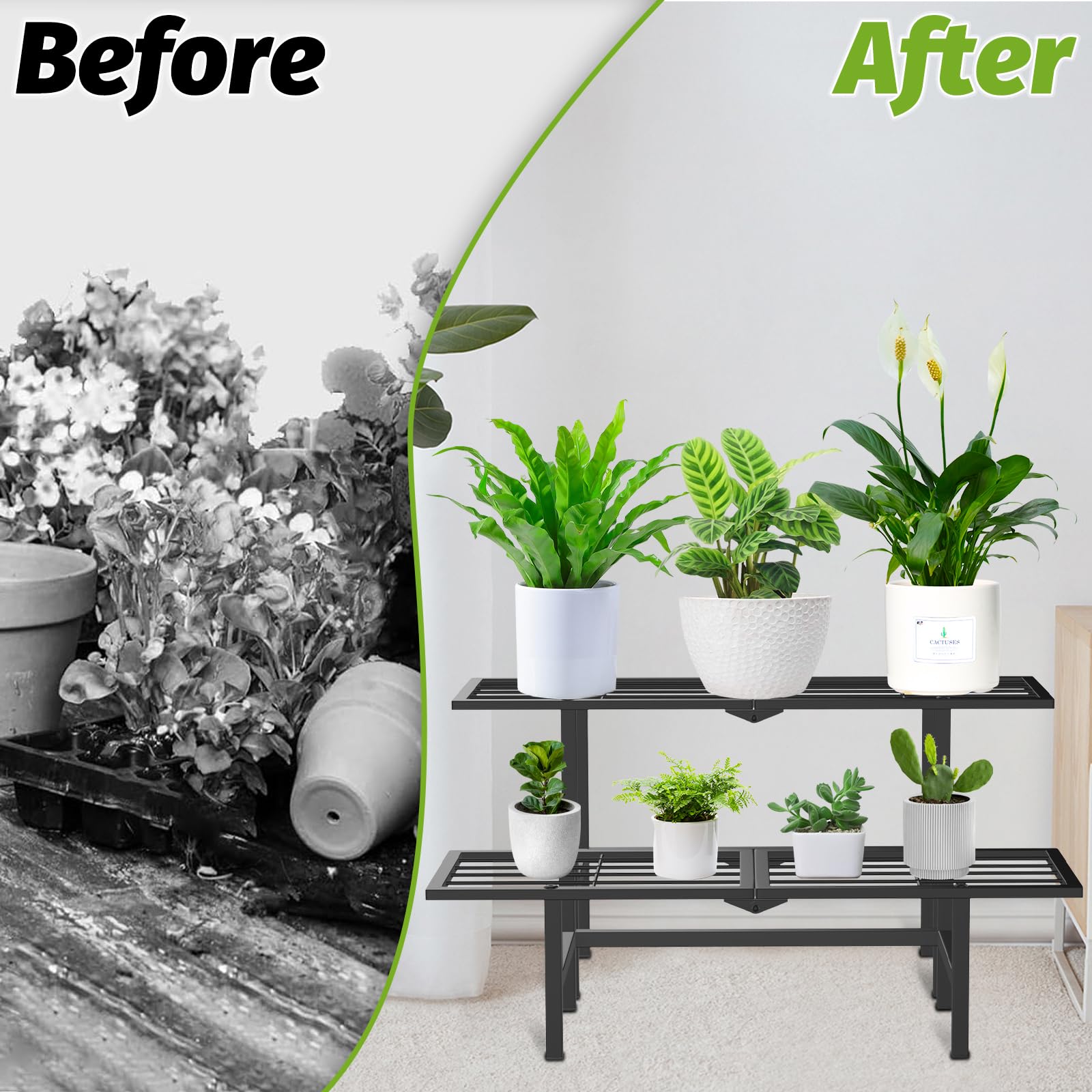 Support pour plantes à 2 niveaux pour extérieur et intérieur, étagère séparée pliable en métal robuste, support d'échelle pour pots de fleurs, présentoir pour salon, jardin, balcon, terrasse