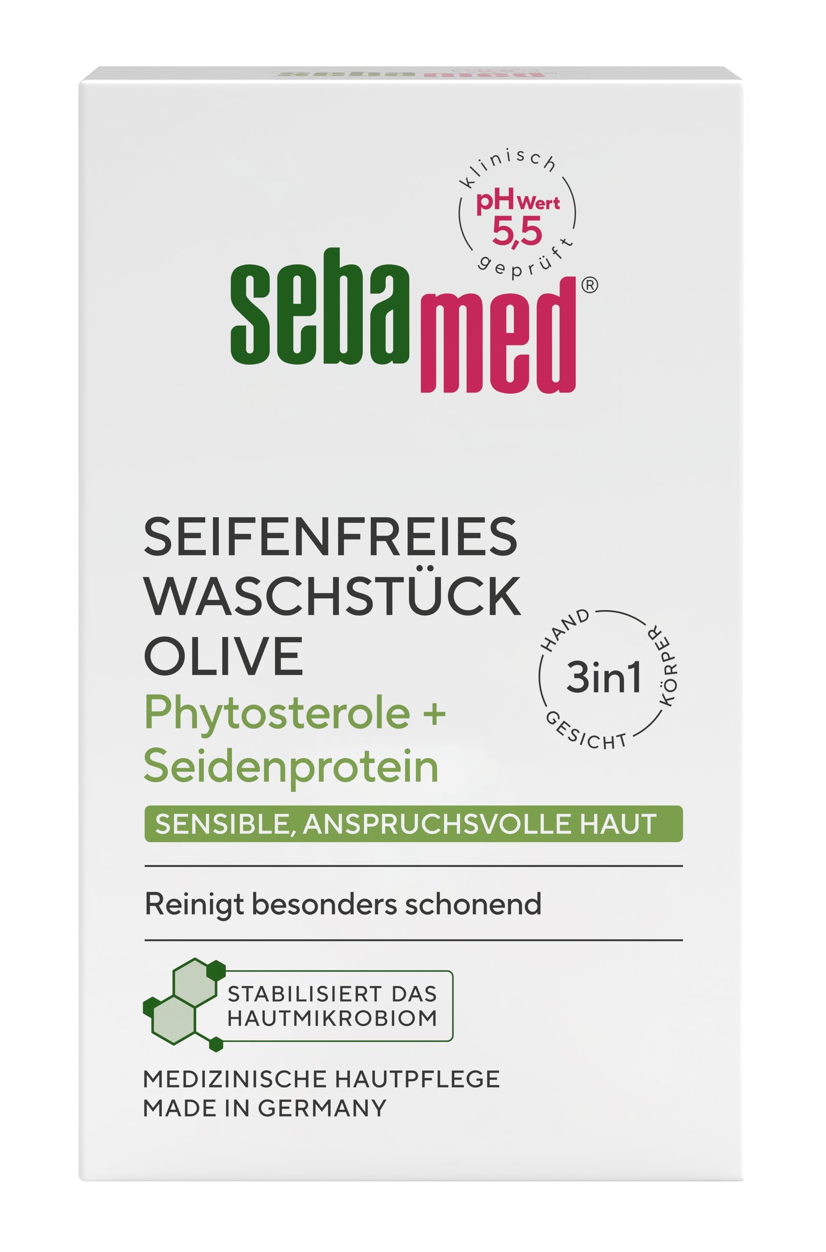 Sebamed seifenfreies Waschstück Olive 150 g, für die tägliche seifenfreie Reinigung sensibler, anspruchsvoller Haut, reinigt besonders schonend, zur Hand-, Gesichts- und Körperreinigung geeignet