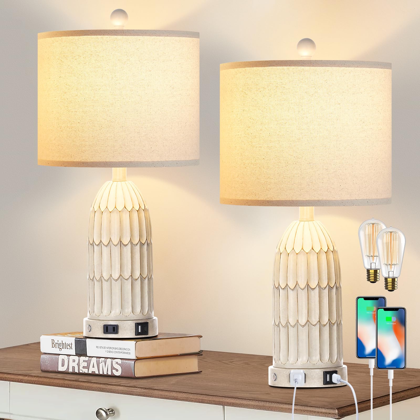 Cinkeda Farmhouse Table Lamps Set of 2, 3-Way Dimmable Touch Lamp