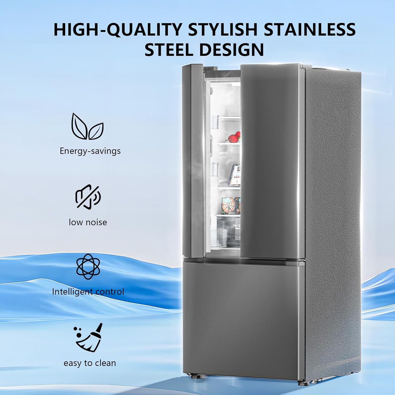 Antarctic Star 17.5 Cu Ft French Door Refrigerator, Bottom Freezer with Built-In Automatic Ice Maker, Fast Cooling & Multi-Air Flow, Inverter Compressor, Stainless Steel VCM, LED Touch Display, Grey