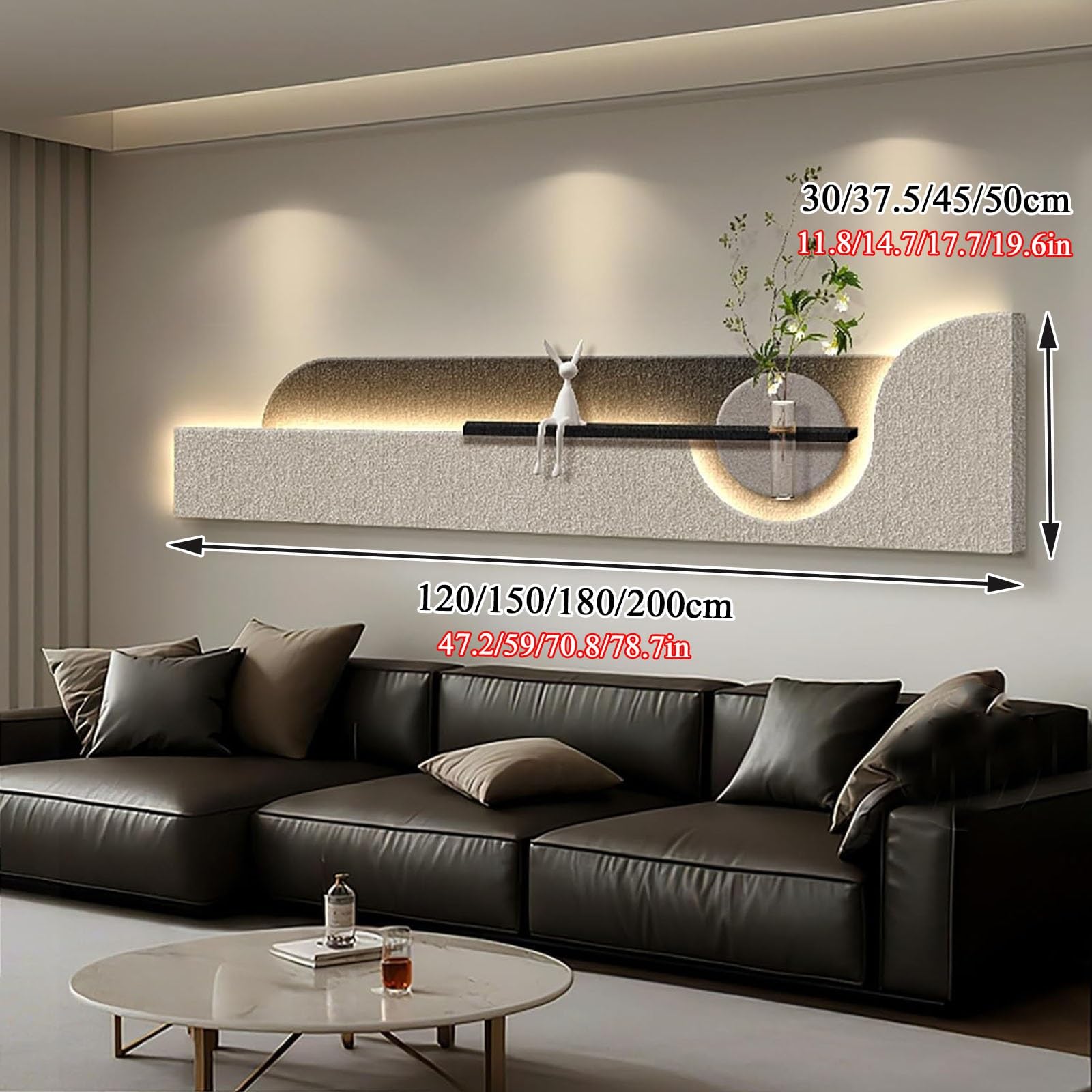 3D Sandstone LED Decorazione della Parete con Vaso di Vetro Finto della pianta, Scultura Moderna dell'Arte della Parete per Soggiorno, Camera da Letto, Ingresso - Beige 2, 120x30cm / 47.2x11.8''