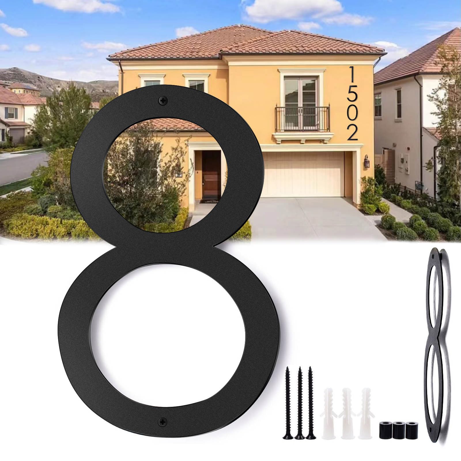 16 Inch Modern House Numbers for Outside,Metal Large House Numbers for Outside, Address Numbers For House Matte Black Outdoor Floating Flush Mount Vertical Horizontal Home Numbers 8