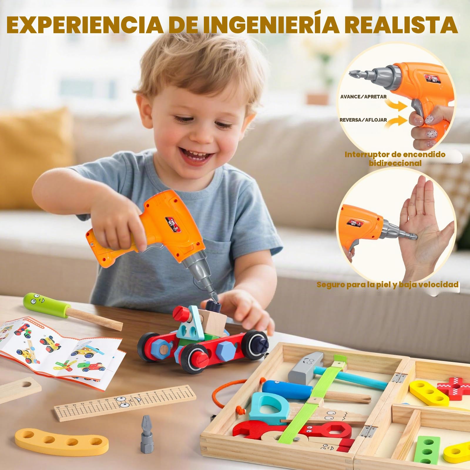 Juguetes Niños 3 Años Regalo Niño Niña 3 4 Años, Madera Caja Herramientas Juguete con Taladro Eléctrico, Juguetes Montessori Juegos Educativos Niños Niñas 3 4 Años (44 Piezas)