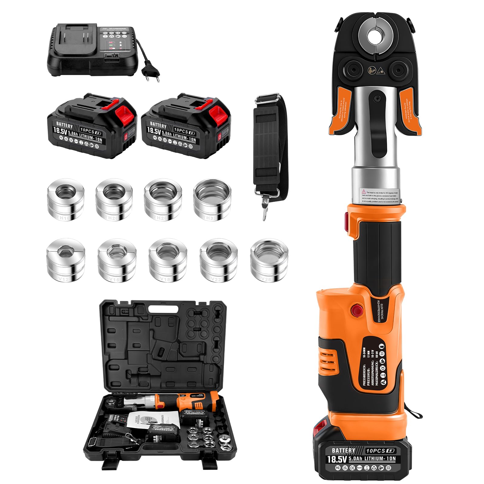 Juego de herramienta de prensado de tubos con batería de 18V con contorno V y contorno TH, prensa eléctrica para tubos de cobre con V15-18-22-28 y TH16-20-26-32, 2 baterías de 5 Ah y cargador rápido