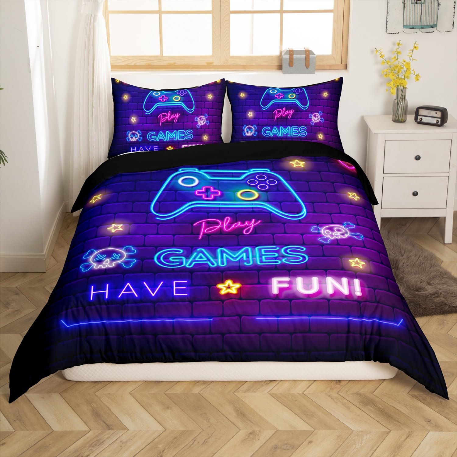 Homemissing Set di biancheria da letto per bambini, ragazzi e ragazze, con motivo videogiochi, con motivo videogiochi, colore: blu/viola, stile retrò, per camera da letto, 3 pezzi, per letto super