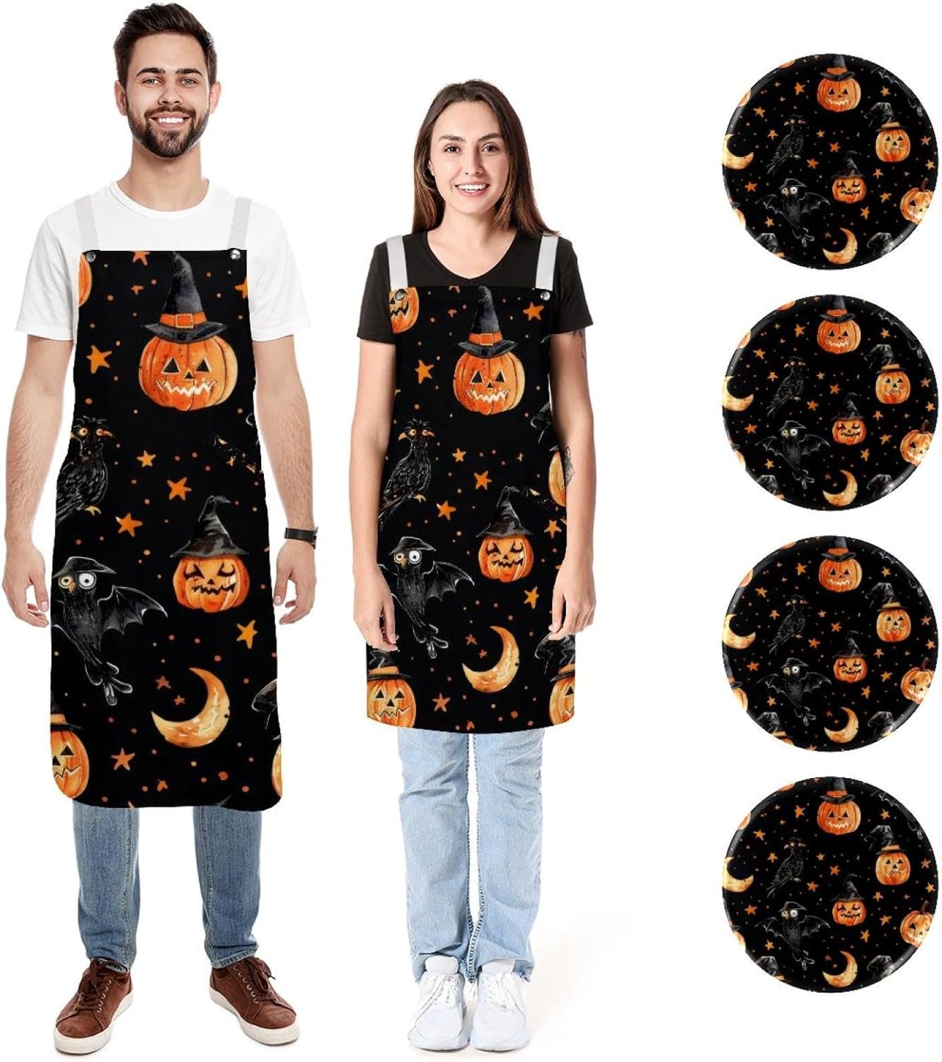 Dragon Sword 2 Pack Kitchen Apron for Men Women with Adjustable Straps and Large Pockets, Cotton Canvas Water Resistant Bib Soft Chef Apron Halloween Bat Pumpkin for Cooking Gardening Salon