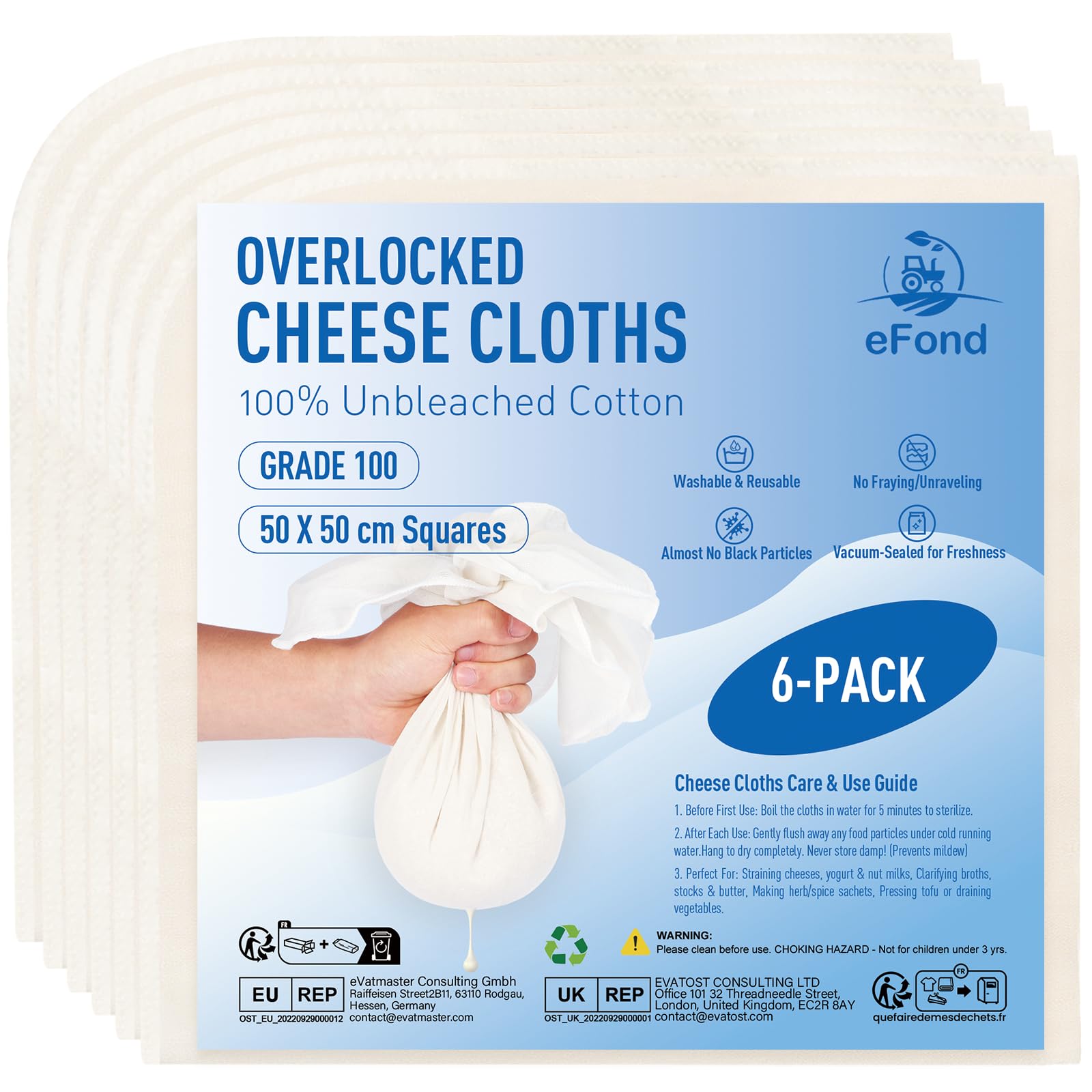 eFond Cheesecloth, 50x50cm Squares with Overlocked Edges, Grade 100 Ultra Fine Mesh Cheese Cloths for Straining Butter, Nut Milk, Yogurt, Reusable Muslin Cloths for Cooking, Roasting Turkey (6-Pack)