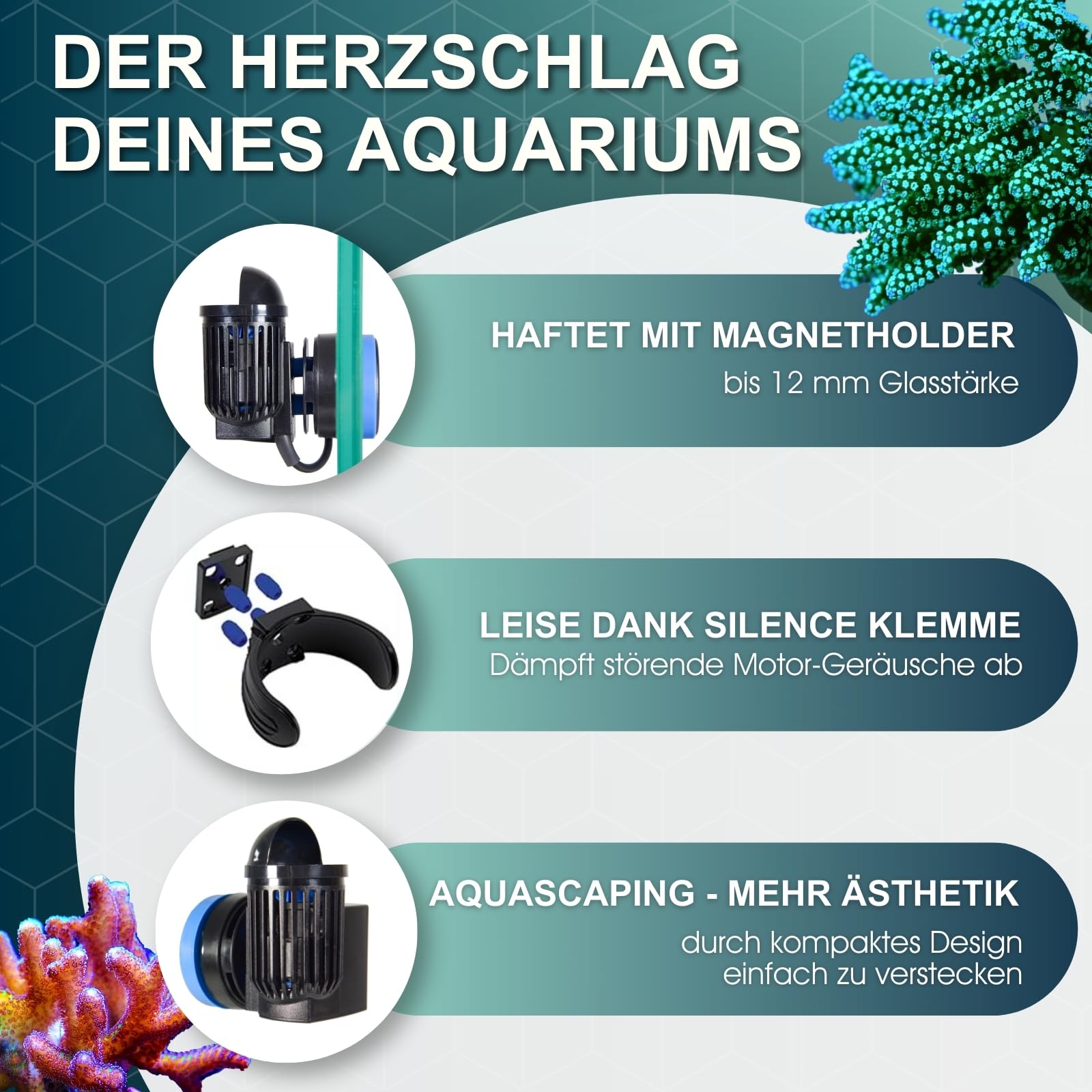 TUNZE Strömungspumpe Turbelle nanostream 6020 I Pumpe mit 2.500l/h Stömungsleistung I Propellerpumpe mit Magnet Holder & Silence Klemme bis 12mm Glasstärke I Wasserpumpe für Aquarien