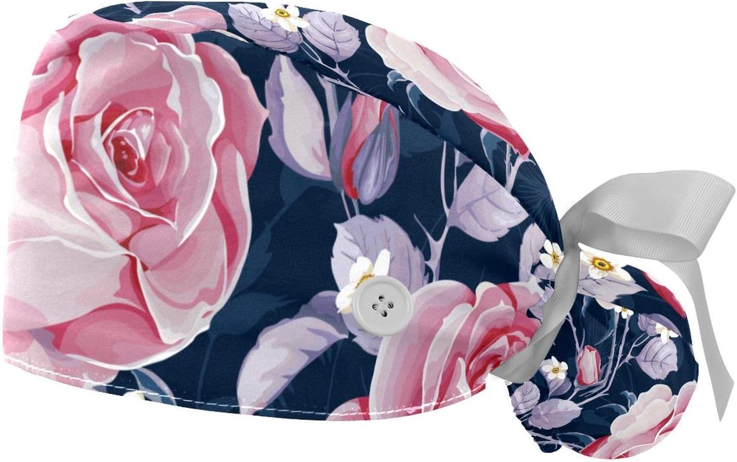 MersovMersov 2 PCS Working Cap with Button for Women Long Hair Adjustable Elastic Bandage Tie Back Hats Bouffant Caps Winter Flower