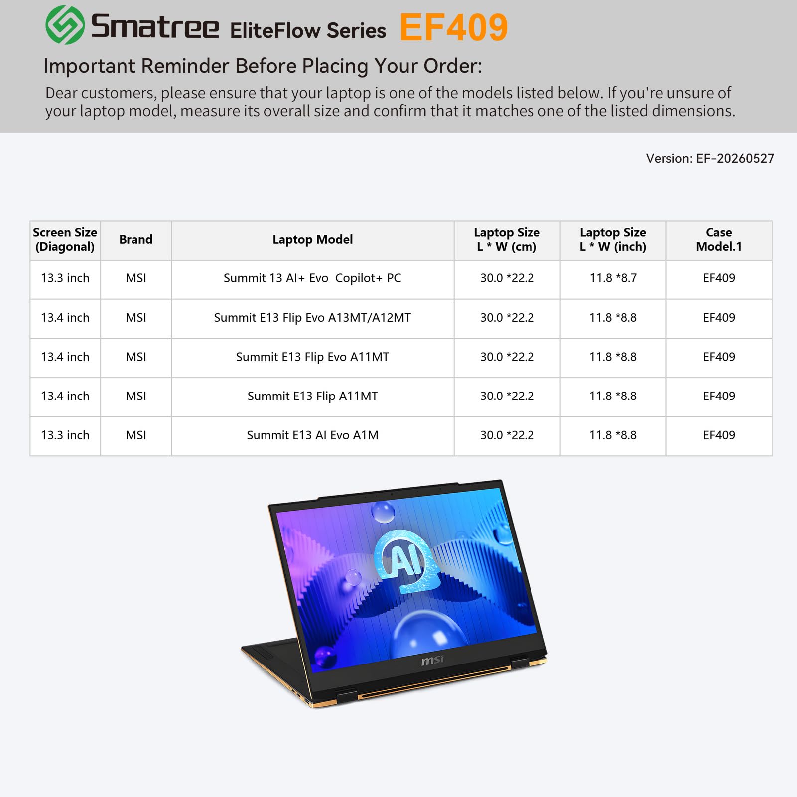 Smatree EliteFlow Pokrowiec na laptopa 33.8 cm MSI Summit 13 AI+ Evo/E13 AI Evo A1M/Modern 13 F1MG, dla 34.0 cm MSI Summit E13 Flip Evo A13MT/A12MT/A11MT, etui ochronne na laptopa z kieszenią (EF409)