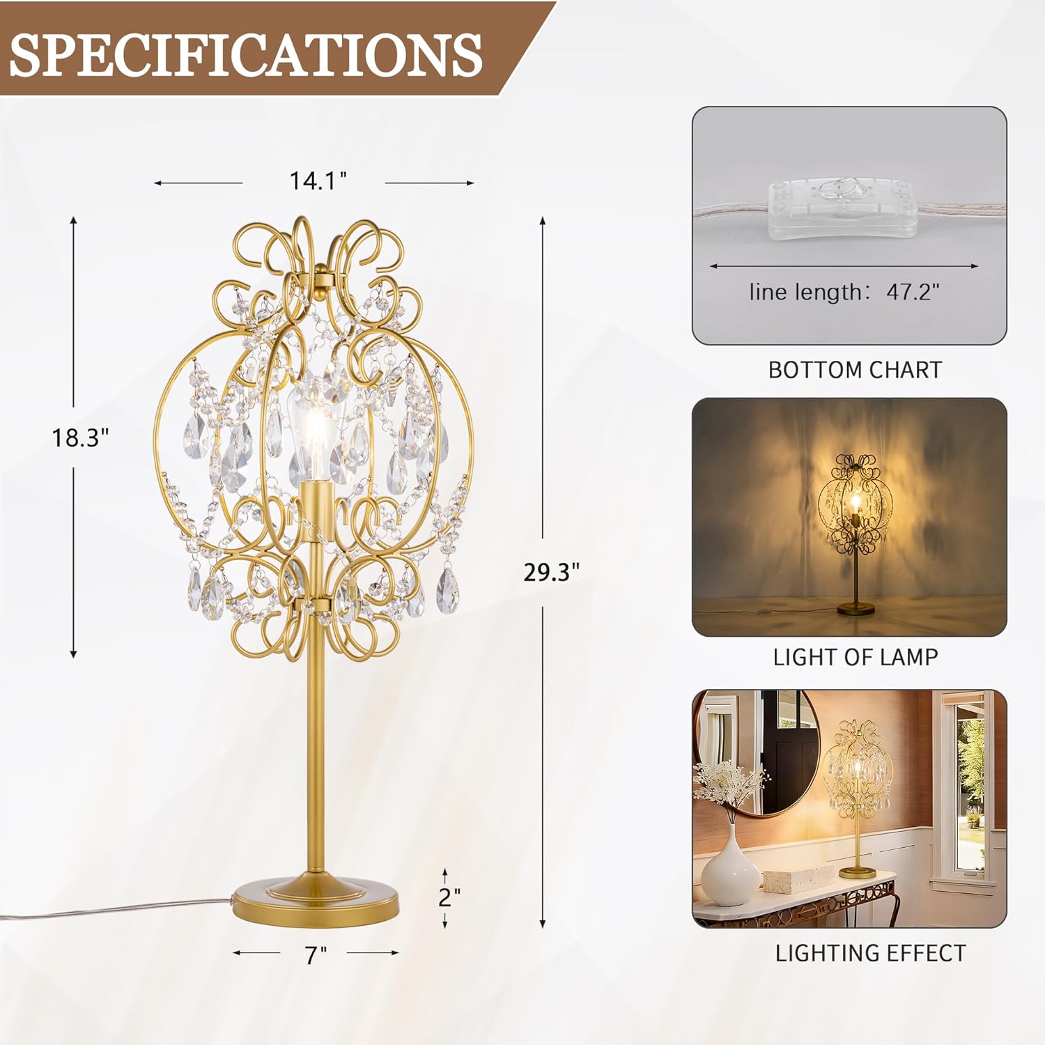 TOCHIC Gold Crystal Table Lamps, 30" Tall Modern Farmhouse Bedside Lamps for Night Stands, Vintage Desk Lamps for Living Room, Reading Room, Bedroom, Home Office, Entryway, Console Table, E26 Base