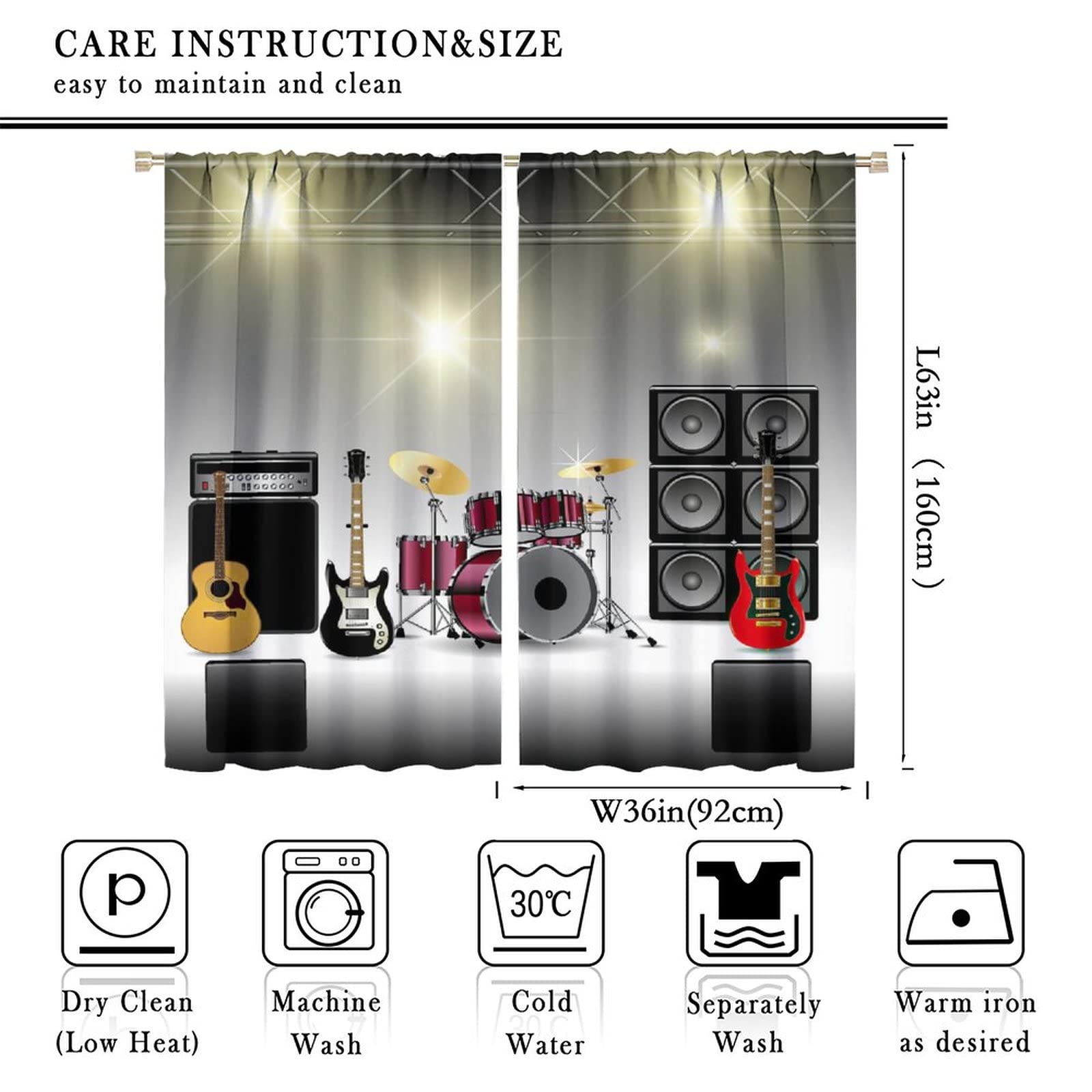 Rock Music Curtains for Living Room,Musical Instrument Curtain Guitar Blackout Rod Pocket Window Drapes for Teens Boys Bedroom Living Room W72xL63in