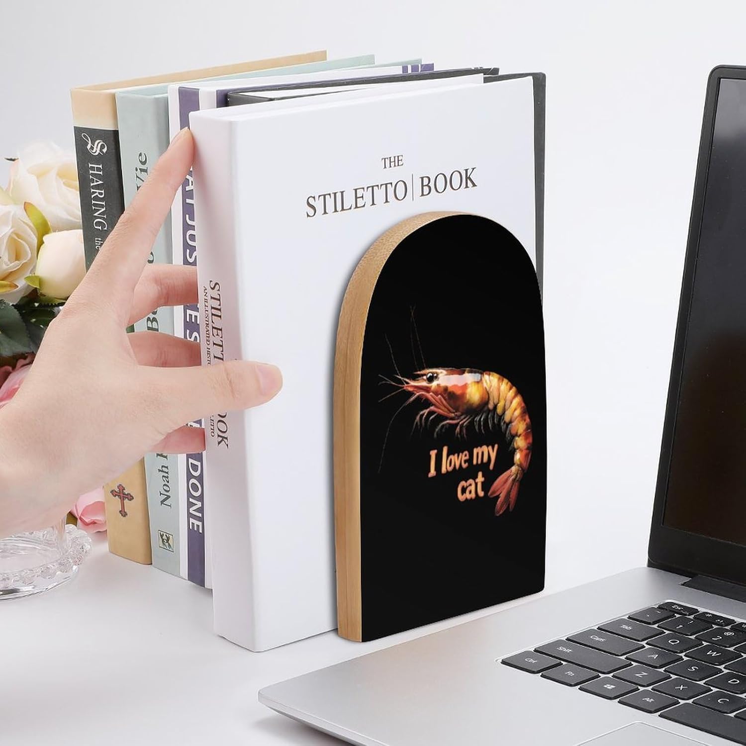 I Love My Cat Shrimp Cute Wood Book Ends Decorative Bookends 1 Pair Non-Skid for Shelves Home Office 7 X 5 Inch