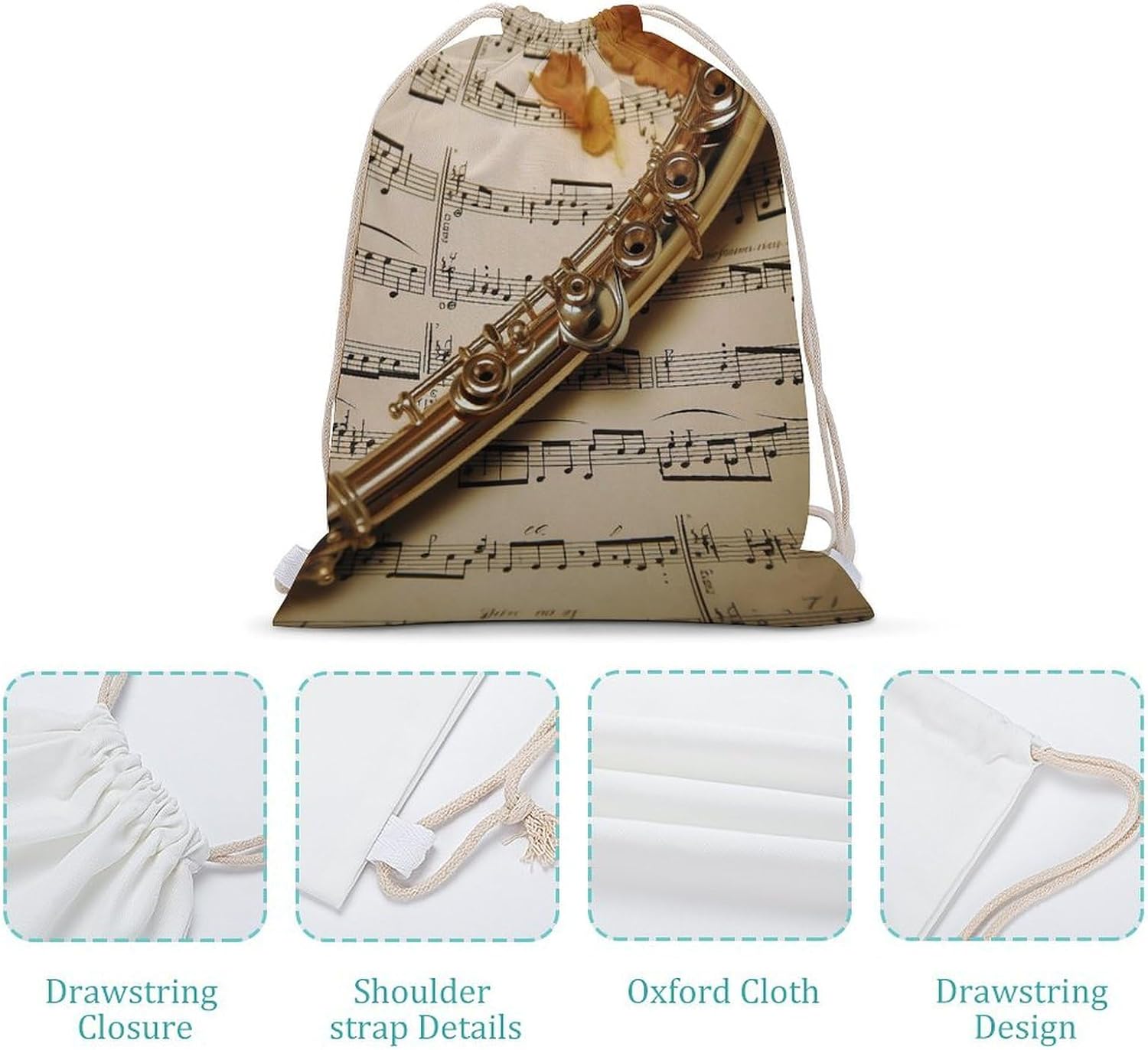 Canvas Drawstring Flute Music Backpack for Gym, Personalized Sport Pack Bags 30x40cm for Travel, Shopping image 4