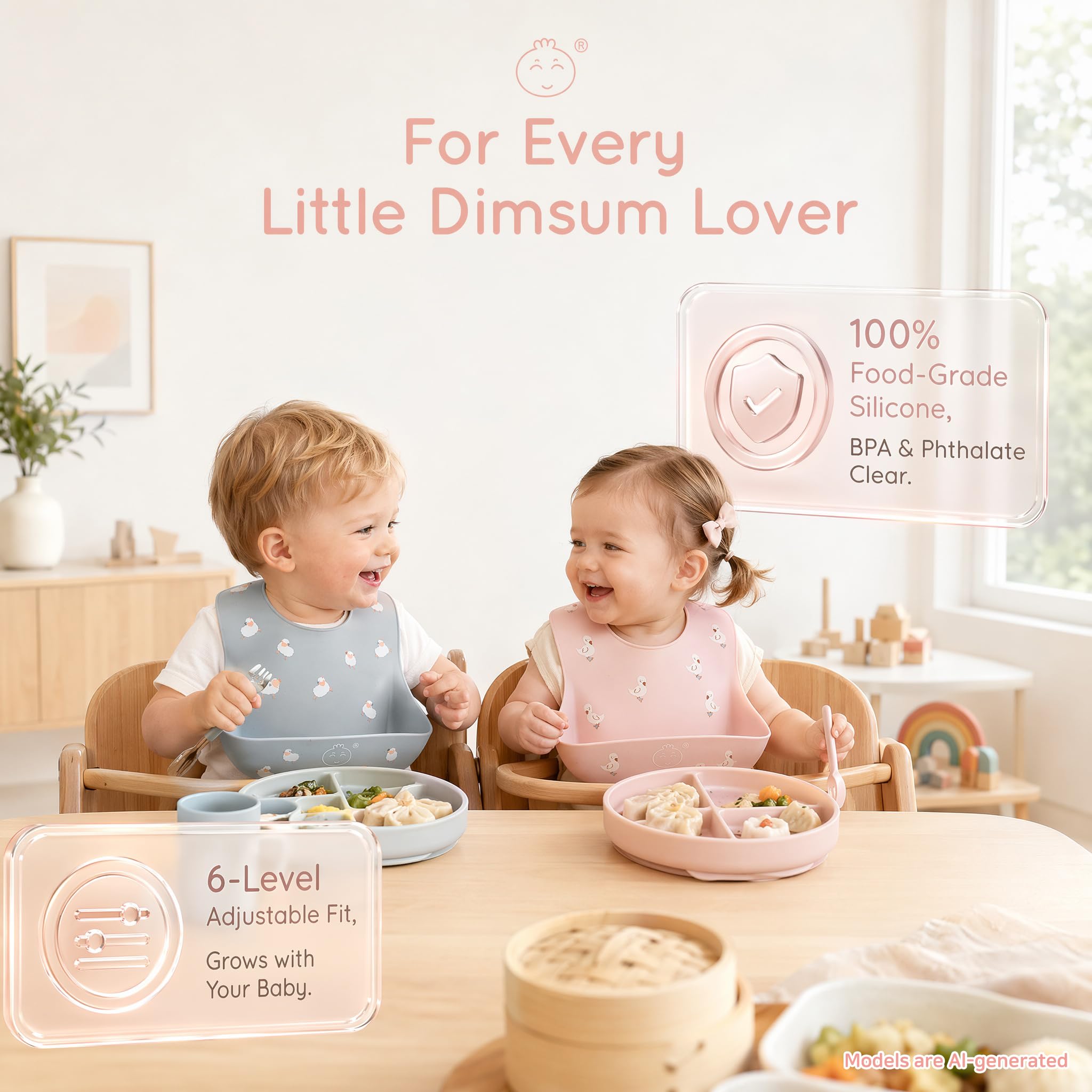 Little Dimsum Babero impermeable de silicona para bebés para bebés y niños pequeños con recogedor de alimentos