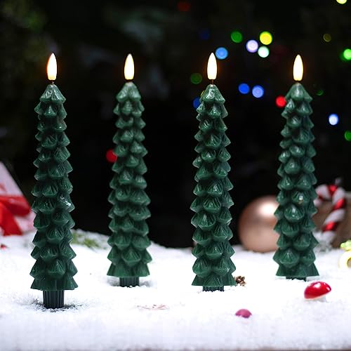 Miniatura 4 de 4 velas de árbol de Navidad sin llama con temporizador remoto, velas cónicas sin llama de cera real de 9.65 pulgadas, candelabros LED con llama