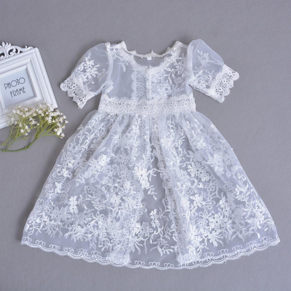 Baby Girls 3Pcs Organza Lace-Overlay Christening Gown Baptism Dress with Bonnet