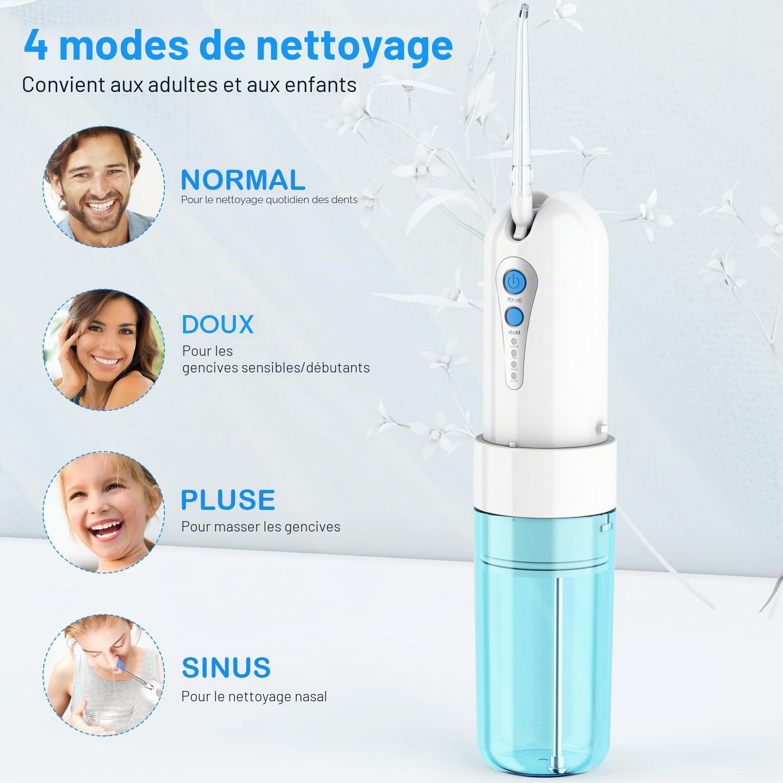 Hydropulseur Sans Fil, Mini Irrigateur Buccal Portable avec Boîte de Rangement, 4 Modes et 5 Buses, Fil Dentaire Électrique, Étanchéité IPX7, Adapté pour la Maison et les Voyages (Bleu/Blanc)