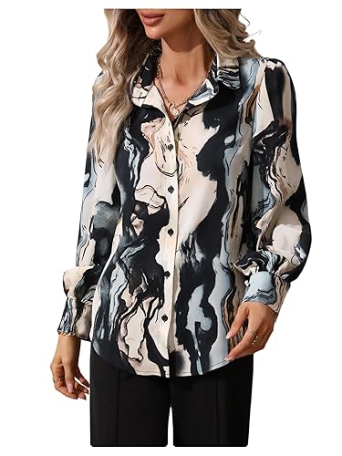 Floerns Women's Marble Print Button Down Blouse Lantern Long Sleeve