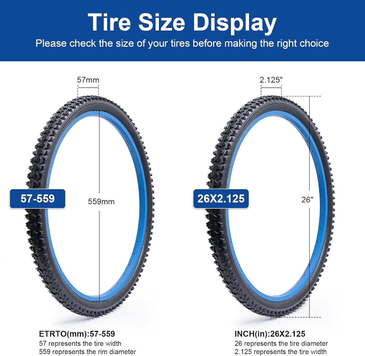 26x2.125 (57-559) Bike Tire 26 inch Bicycle tire Suitable for 26x2.10 26 x 2.125 Off Road/Mountain Folding Replacement Bike Tire (Single)
