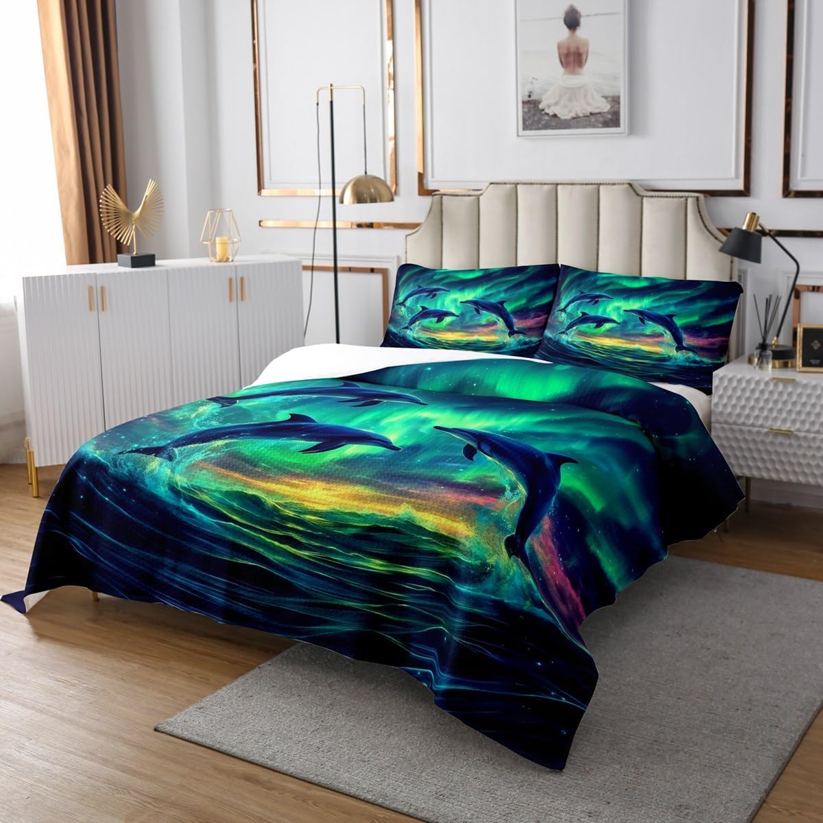 Erosebridal Aurora Dolphin Quilt Set King,Ocean Waves Dolphin Bedding Set for Kids Adults,Northern Lights Quilts Bed Set Nautical Coastal Bedspread Set with 2 Pillowshams Room Decor
