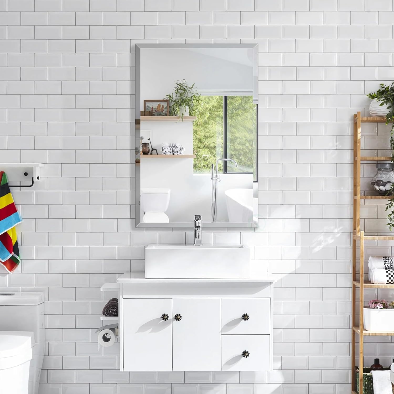 Basicwise Single Door Multi-Purpose Plastic Bathroom Medicine Cabinet with Mirror, Surface or Recessed Mount, Vanity Cabinet with 2 Plastic Adjustable Shelves, White