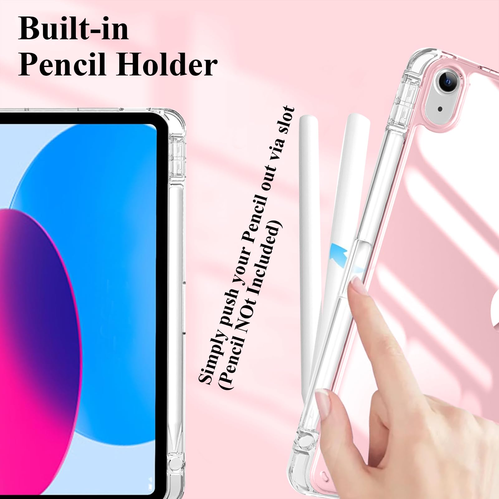 Etui dla iPad (A16) 11./10.Generacja (2025/2022) z Pencil Uchwyt, Wyczyść Przezroczysty Tył Obudowa Odporna na Wstrząsy Obudowa Tabletu Case, Różowy