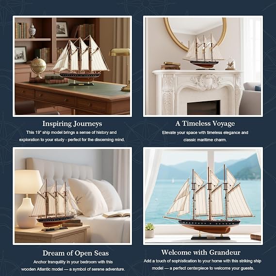 19-inch Atlantic Sailboat Deco, Wooden Schooner Model Ship, Yacht Replica, Nautical Home Decor Collection (ATL49-BLUE)