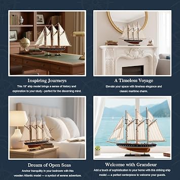 19-inch Atlantic Sailboat Deco, Wooden Schooner Model Ship, Yacht Replica, Nautical Home Decor Collection (ATL49-BLUE)
