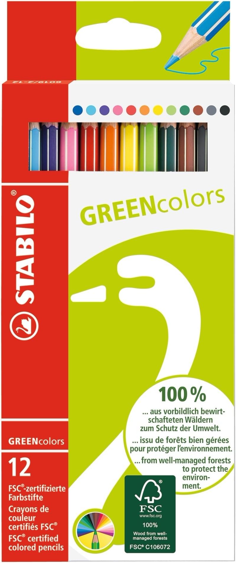 Colouring Pencil - GREENcolors - Wallet of 12 - Assorted Colours